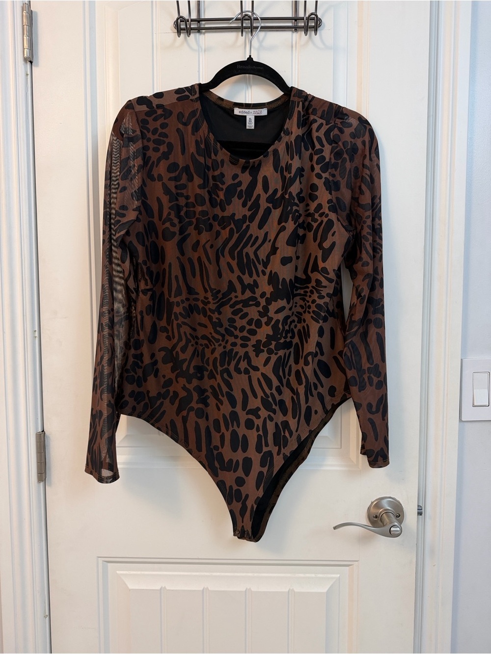 Women Sheer Brown Animal Print One-Piece Bodysuit XL